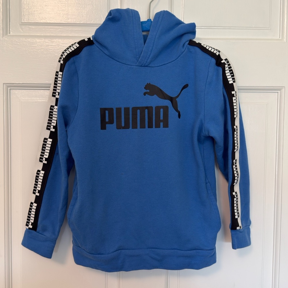 Puma Blue Hoodie Sweatshirt with Striped Sleeves